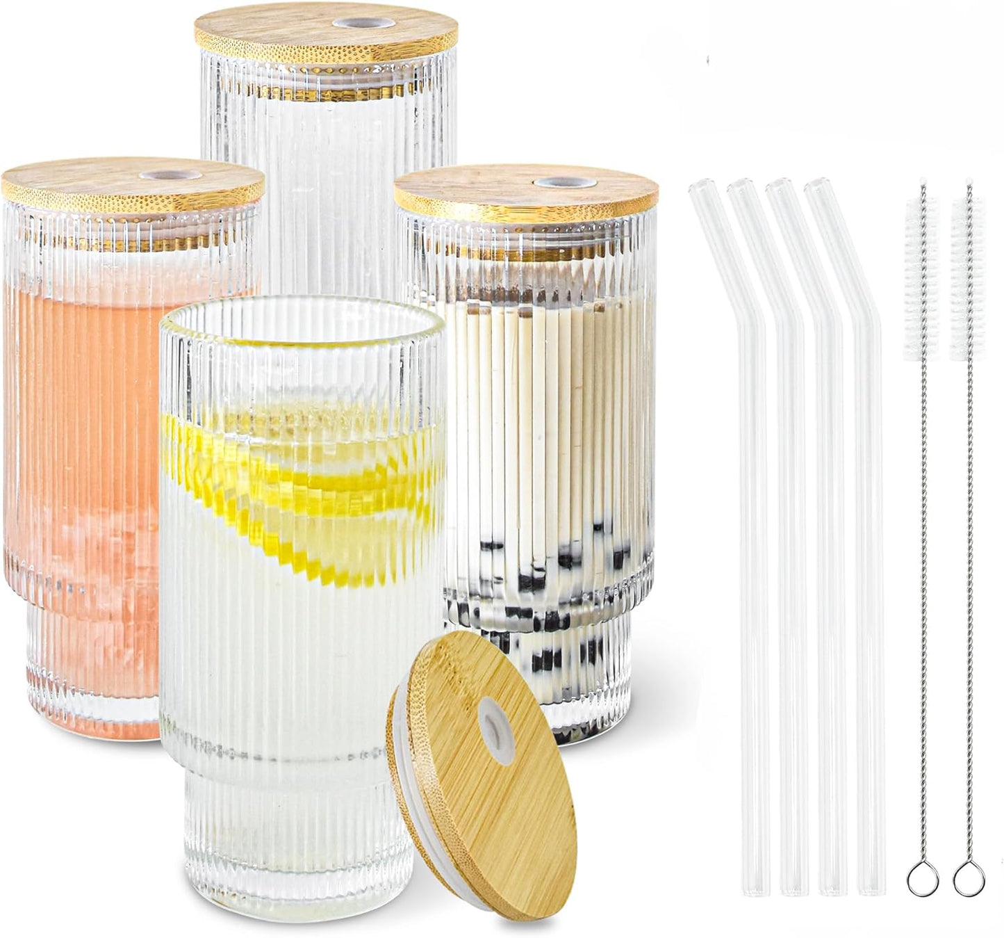 4 Pcs 11 oz Drinking Glasses Cups Set with Bamboo Lids Straws Brush Ribbed Vintage Glassware Set for Tea Iced Coffee Beer Cocktail Whiskey(Ribbed*4)
