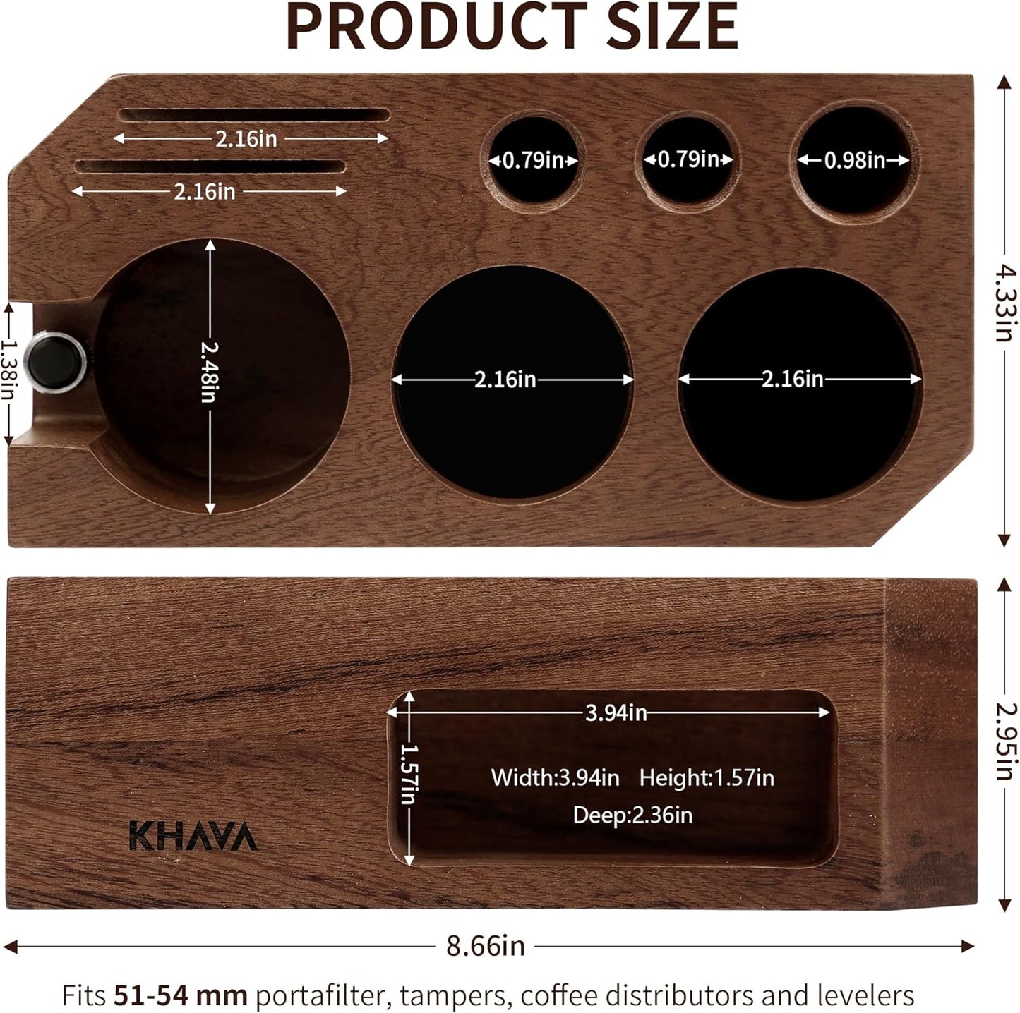 KHAVA Espresso Tamping Station | Wooden Coffee Tamper Station 51-54 mm | Espresso Organizer & Portafilter Holder | Coffee Station Organizer for Countertop | Espresso Accessories for Coffee Bar, Brown