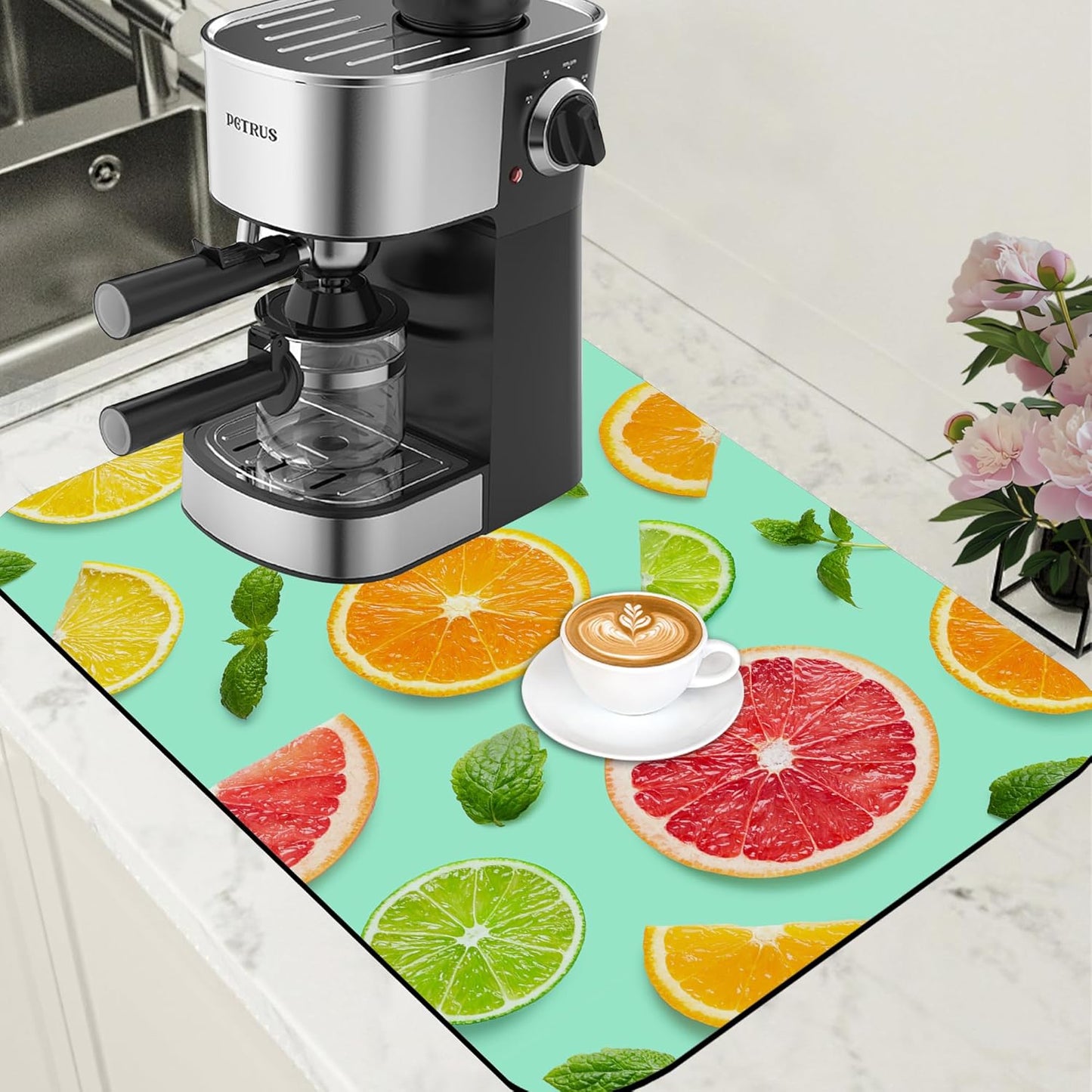 Citrus Fruits and Mint Leaves Dish Drying Mat for Kitchen Counter, Coffee Bar, Hide Stain Absorbent Rubber Backed Coffee Maker Mat, Espresso Machine Accessories, 15.7 x 23.6 Inch