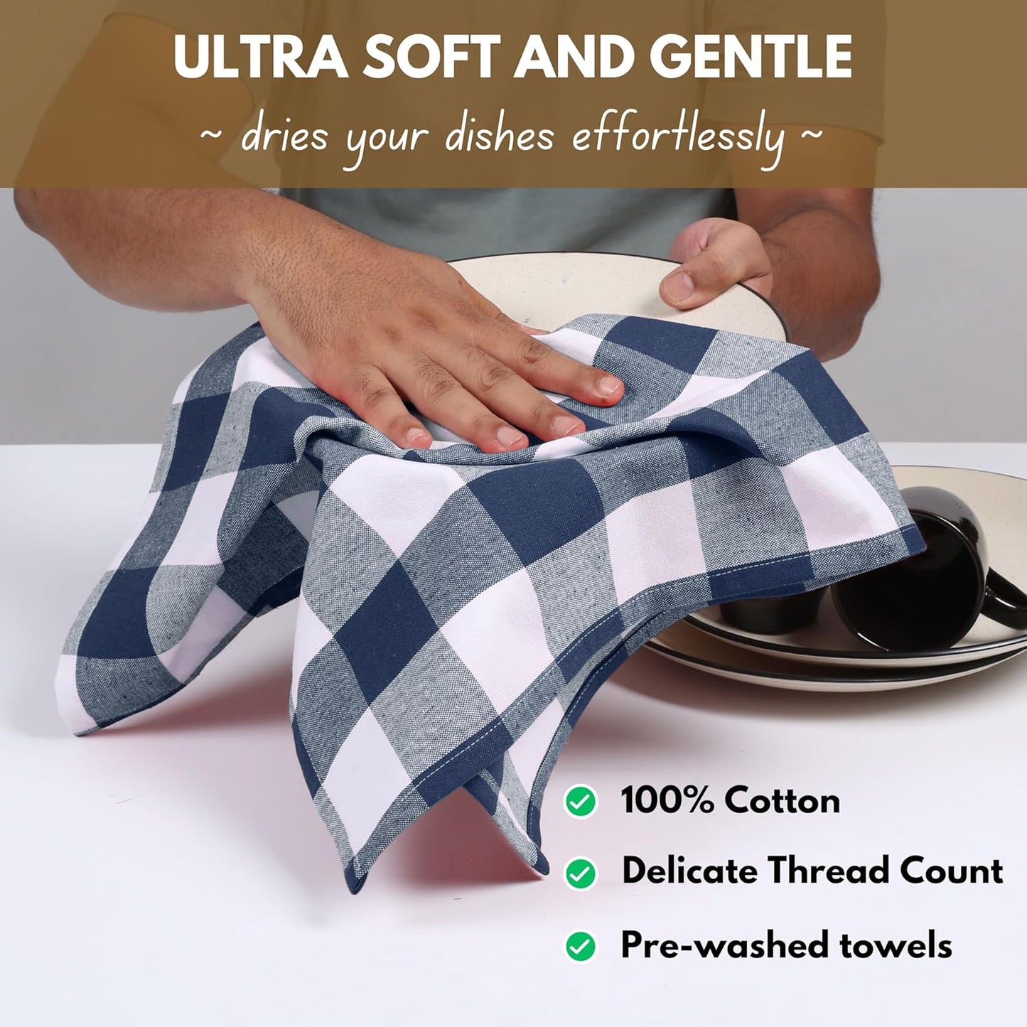 Native Fab 12-Pack Kitchen Towel with Hanging Loop 16x26 inches, Cotton Buffalo Check Kitchen Towels for Cleaning Drying, Washcloths Soft & Absorbent Cloth Rags, Bar Towel, Dish Cloth, Navy