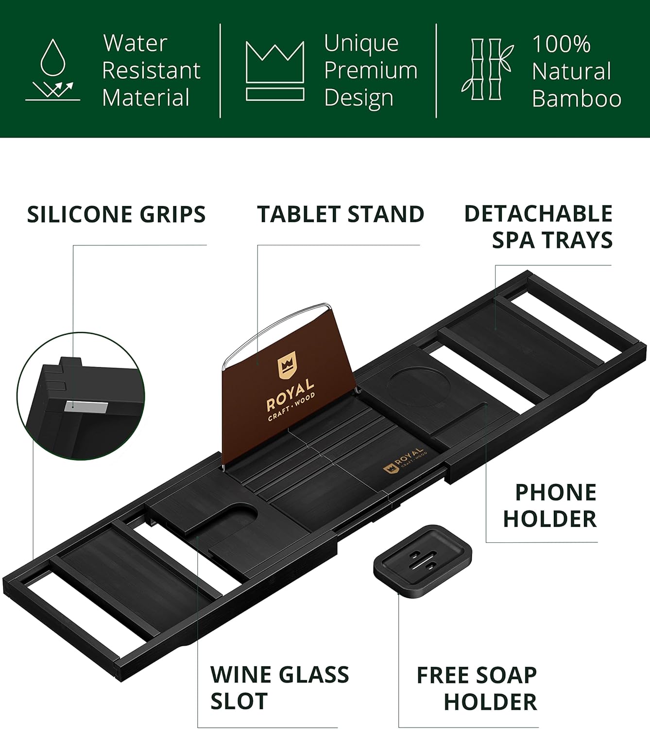 ROYAL CRAFT WOOD Premium Foldable Bathtub Tray - Wood Bath Tray for Tub, Bamboo Shelf, Expandable Bath Table Trays, Bathtub & Bathroom Accessories for New Home & Mothers Day & Birthday Gifts for Mom