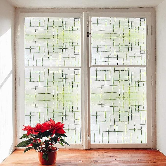 Finnez Frosted Window Film Non-Adhesive, Frosting Privacy Film for Glass Windows, Self Static-Cling Decorative Window Cling for Home Office UV Protection Cross Pattern, 35.4 x 118.1 inches