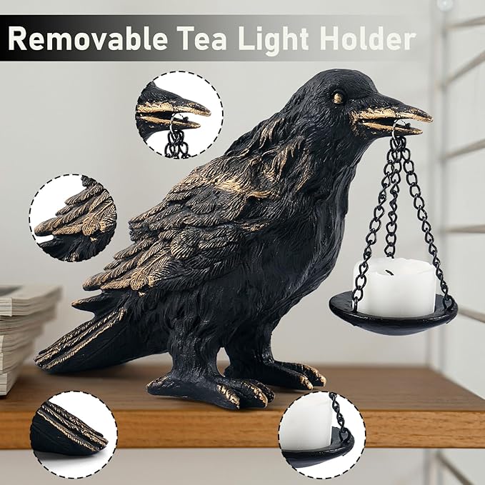 Raven Gothic Home Decor Fake Crow Light Holder Raven Lamp Tealight Candle Holder Resin Raven Statue Wearing Gold 2PCS