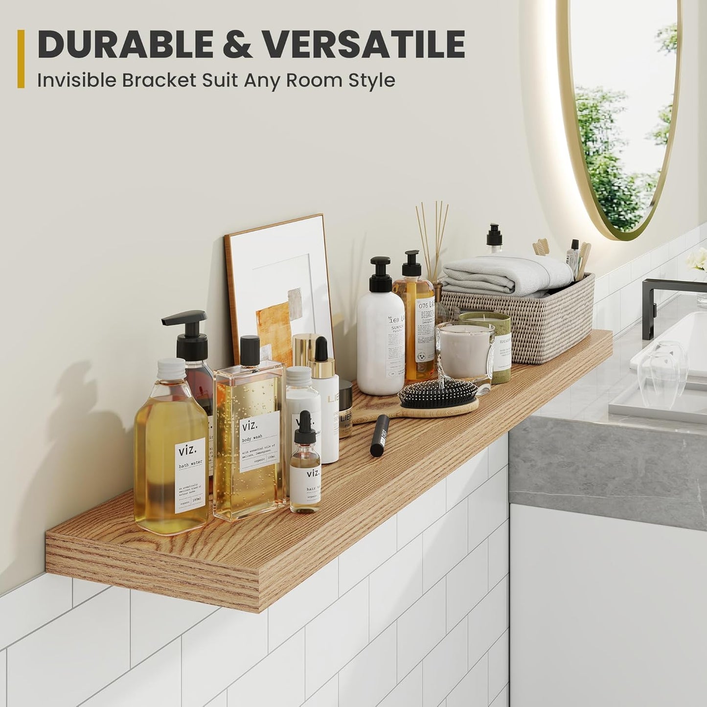 24 Inch Floating Shelves, 9.3" Deep Floating Shelf Wall Mounted, 24" Wall Shelves, Rustic Deep Bookshelf, Large Display Shelves & Storage Shelves for Bedroom, Living Room, Light Brown, Set of 2