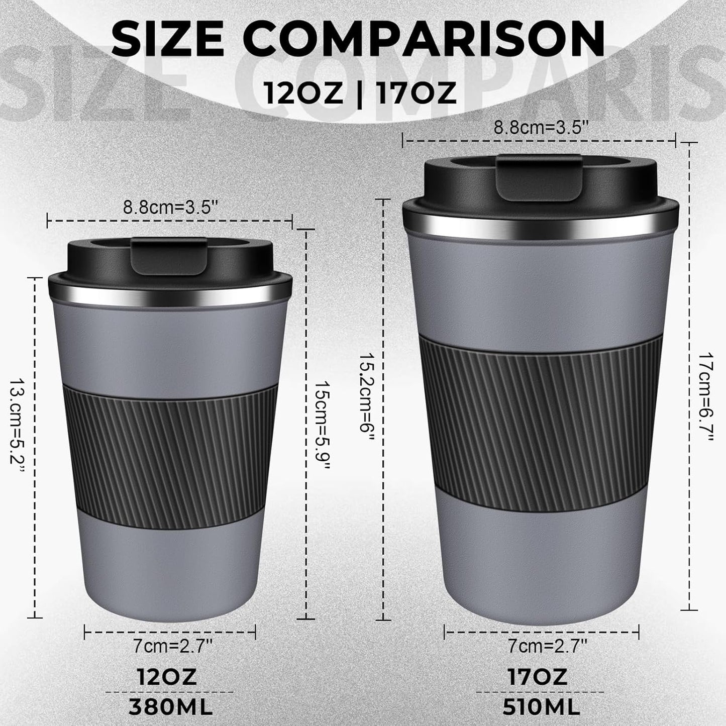 Insulated Coffee Tumbler 12 oz, Stainless Steel Coffee Mug with Lids, Travel Coffee Mug Leak Proof, Double Wall Vacuum Insulated Reusable Iced Coffee Cup, Keep Drinks Hot and Cold (Gray, 17 Ounces)