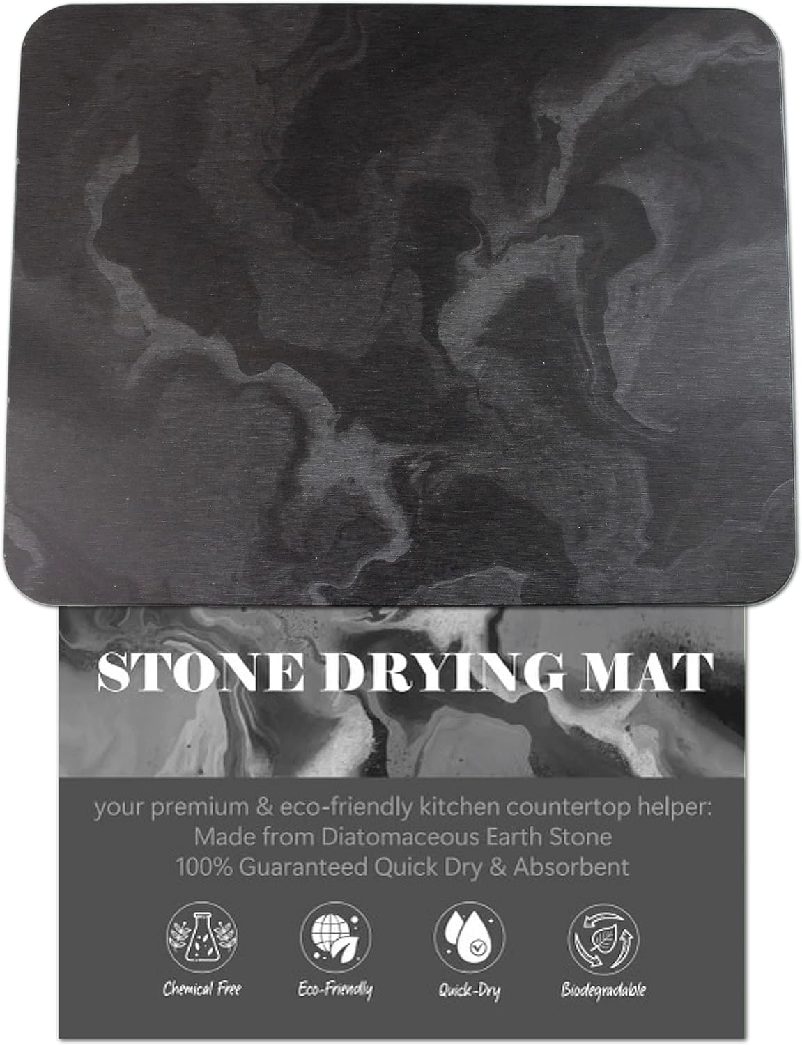 Large Stone Drying Mat for Kitchen Counter, Water Absorbing Stone, Quick Dry Stone Mat Kitchen, Diatomaceous Earth Dish Drying Mat (17.7 x 13.8 Inch Black Marble Drying Mat)