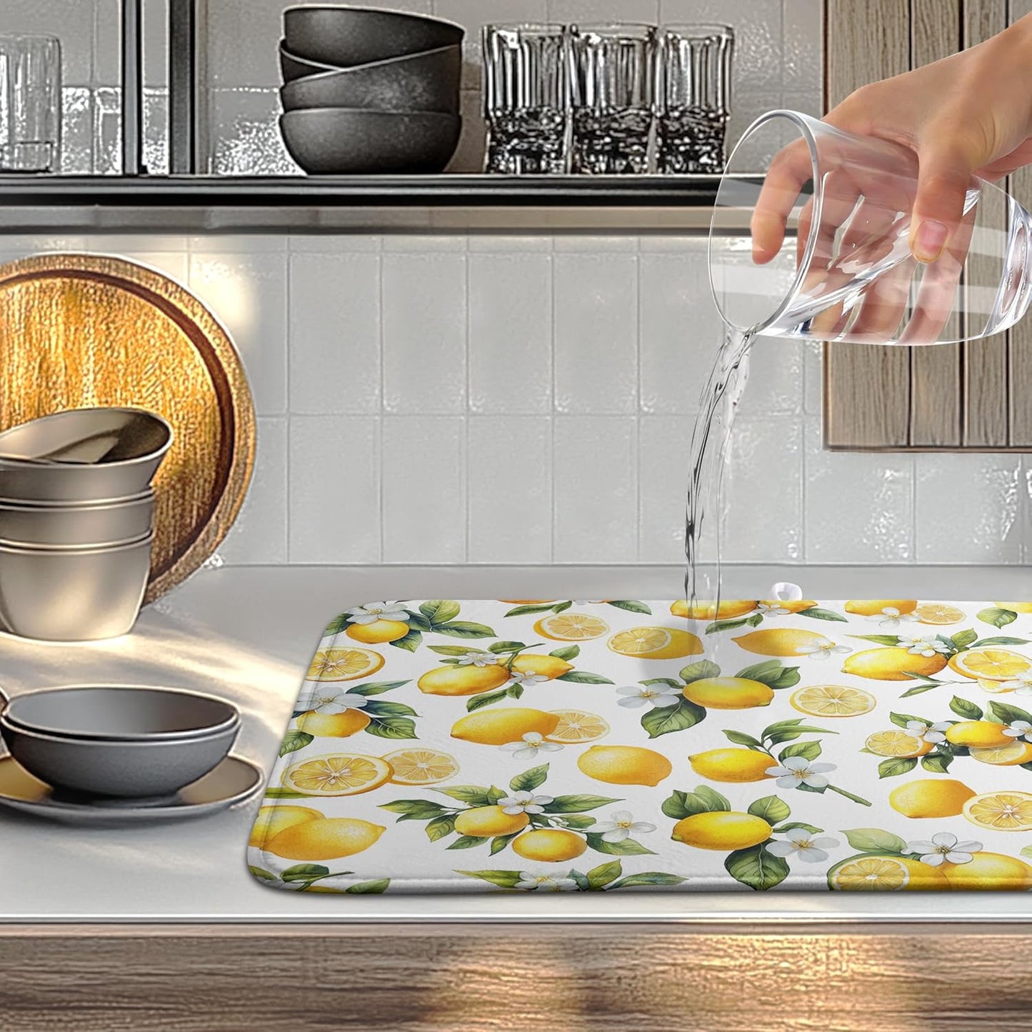 Lemon Dish Drying Mat Spring Summer Kitchen Dish Drying Pad Absorbent Drying Mat for Countertops Dish Dryer Mat Microfiber Dishes Drainer Pad Dish Drying Rack Mat (18x24 in)