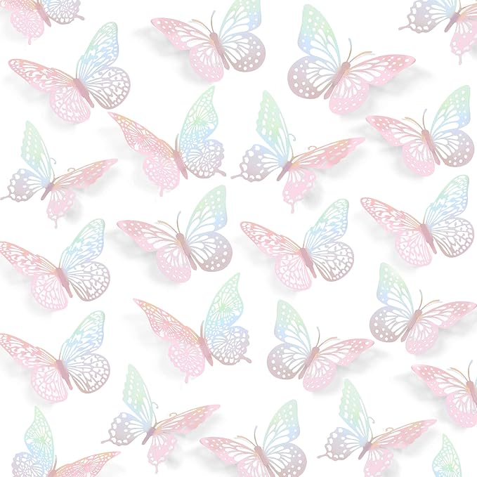 SAOROPEB 3D Wall Decor - 48 Pcs, 4 Styles, 3 Sizes - Laser Pink Butterfly Decorations for Birthday Parties, Removable Stickers