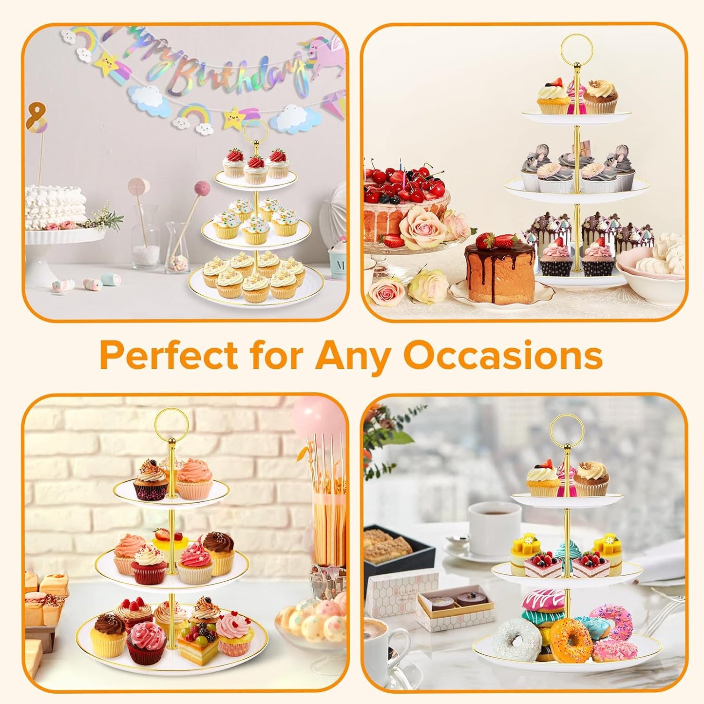 Hoedia 3 Tier Cupcake Stand Tower, Plastic White Cup Cake Holder for Dessert stands, Tiered Serving Tray for Tea Party, Birthday Party, Wedding Decor and Baby Shower(Round)