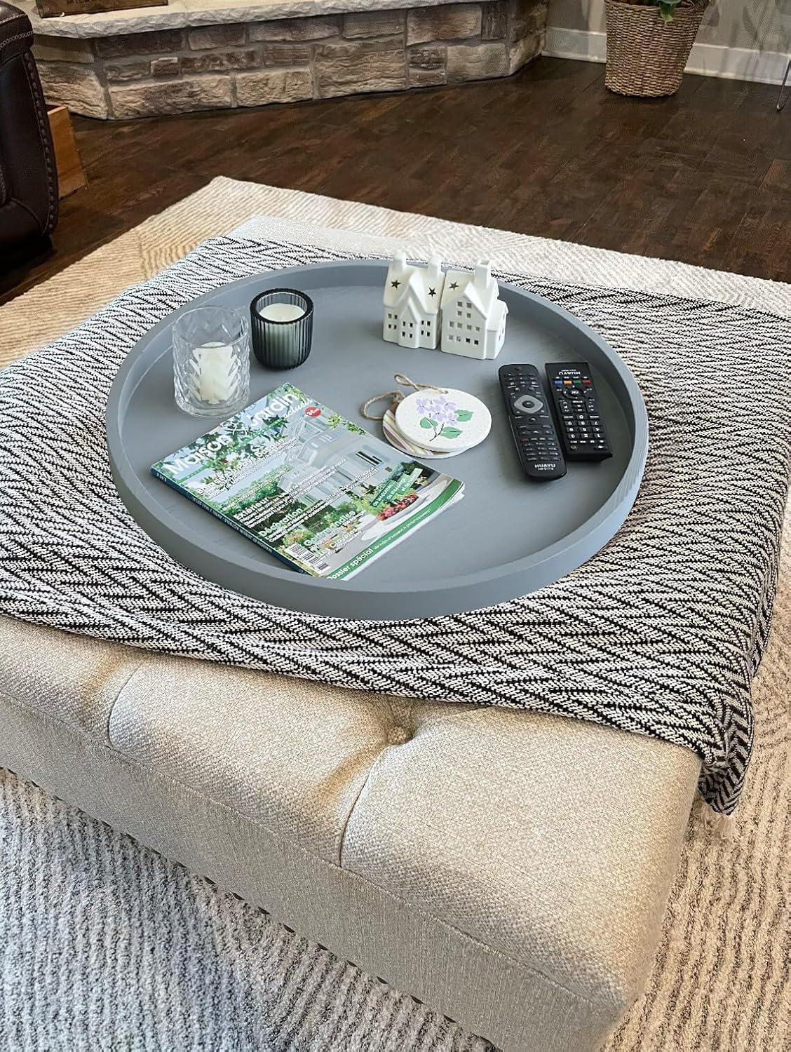 Round Ottoman Table Tray Round-24 - Rustic Wooden Serving Tray for Farmhouse Decorative Oversized Coffee Table Trays Living Room Kitchen Counter Breakfast Grey