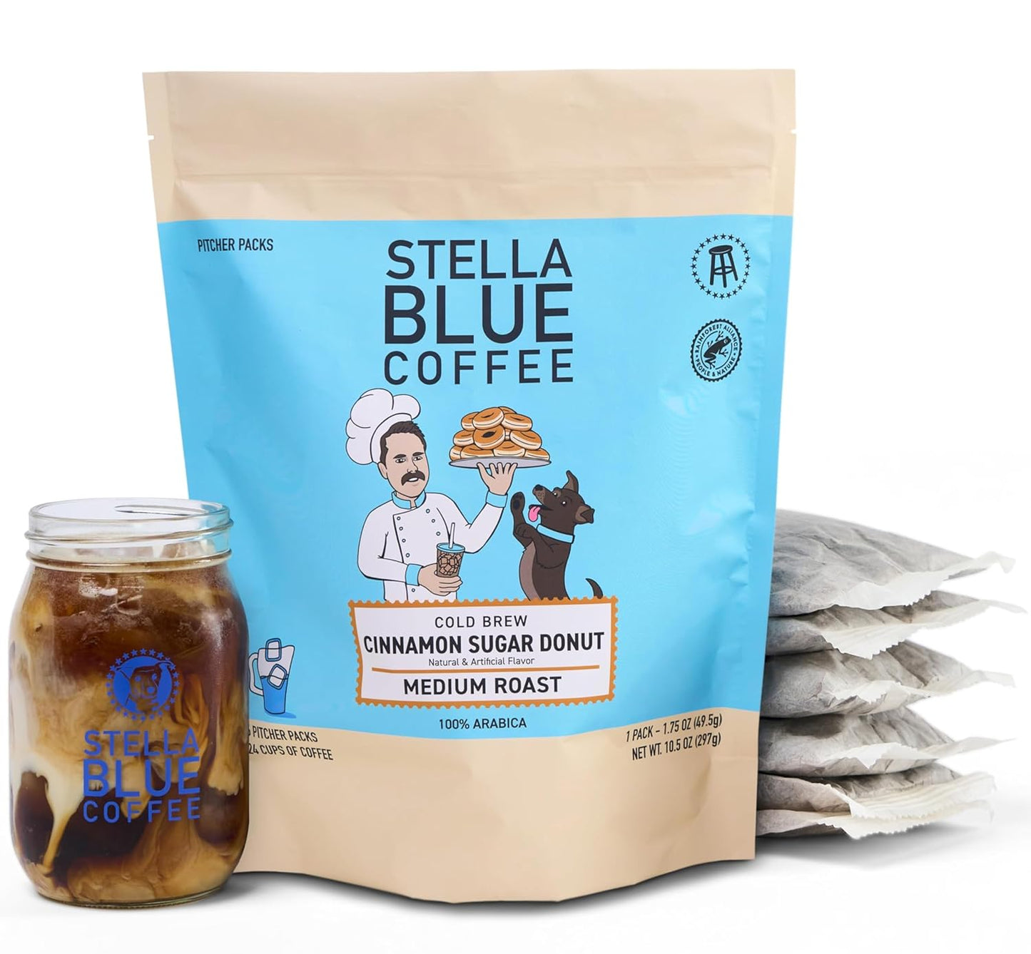 STELLA BLUE Fresh Cold Brew Coffee | Cinnamon Sugar Donut | 100% Arabica Medium Roast | Warm Cinnamon and Sweet Pastry Flavor | Cold Brew Coffee Packets | Makes 24 Pods | 6 Easy-Brew Pouches