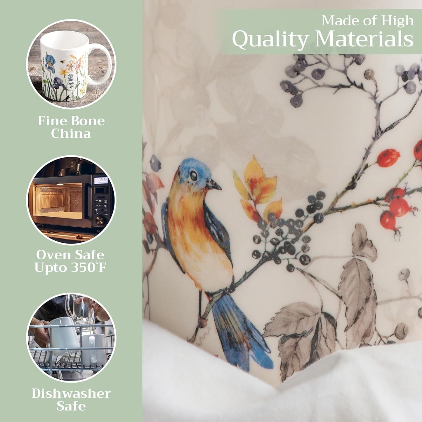 Maison d' Hermine Coffee Mug with Handles Fine Bone China Mugs Pack of One Tea Cups for Hot Beverages Cappuccino Latte Home Restaurant Office Perfect for Gift (Equinoxe - Beige Sparrows, 15 Ounce)