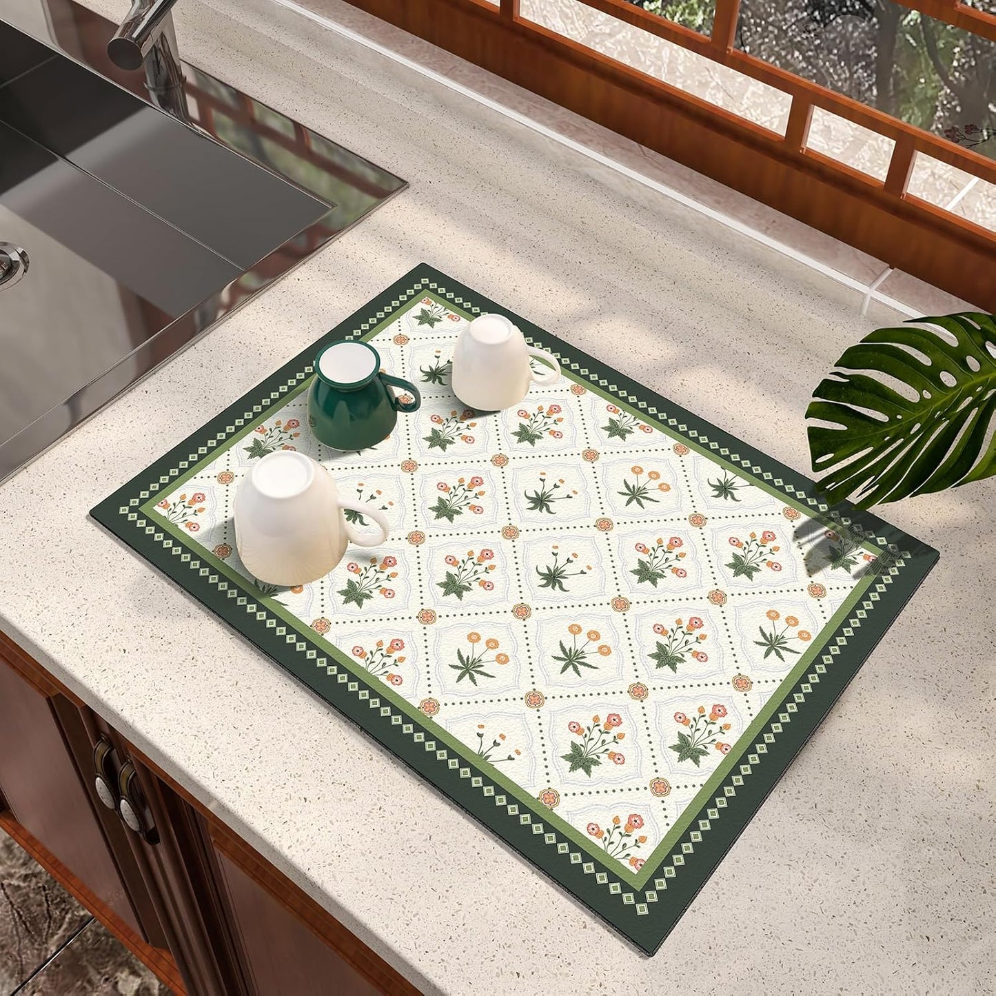 Dish Drying Mat, Diatomaceous Earth Soft Coffee Mat, Absorbent Silicone Dish Drying Mat for Kitchen Counter or Sink for Kitchen Bathroom Coffee Bar (Green, 12 x 16 Inches)