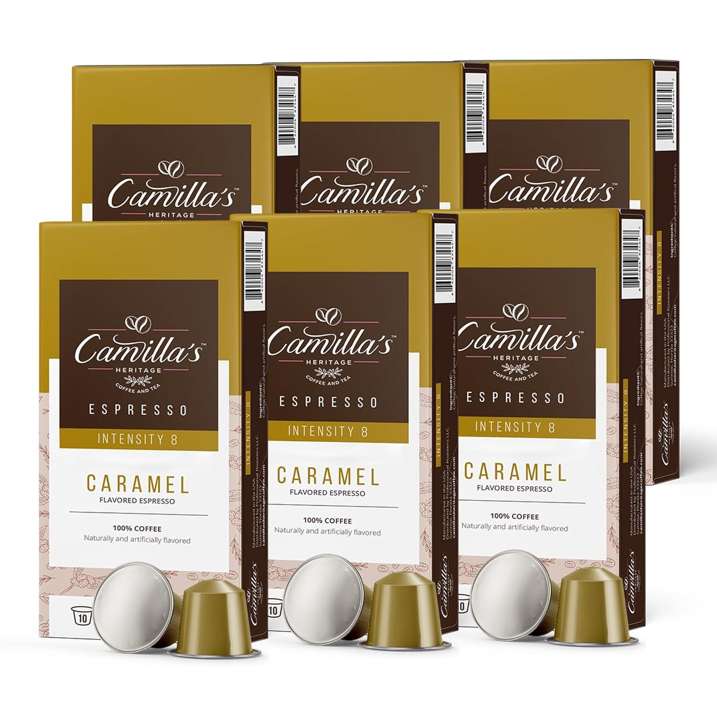 Camilla’s Heritage - Intensity 8 Caramel Flavored Espresso Coffee, Gourmet Espresso Cups, 60 Coffee Pods