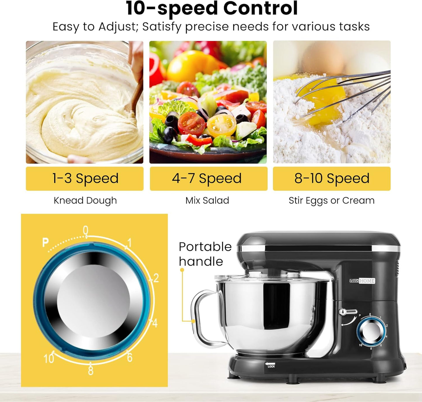 VIVOHOME Stand Mixer, 660W 10 Speed 6 Quart Tilt-Head Kitchen Electric Food Mixer with Beater, Dough Hook, Wire Whip and Egg Separator, Black