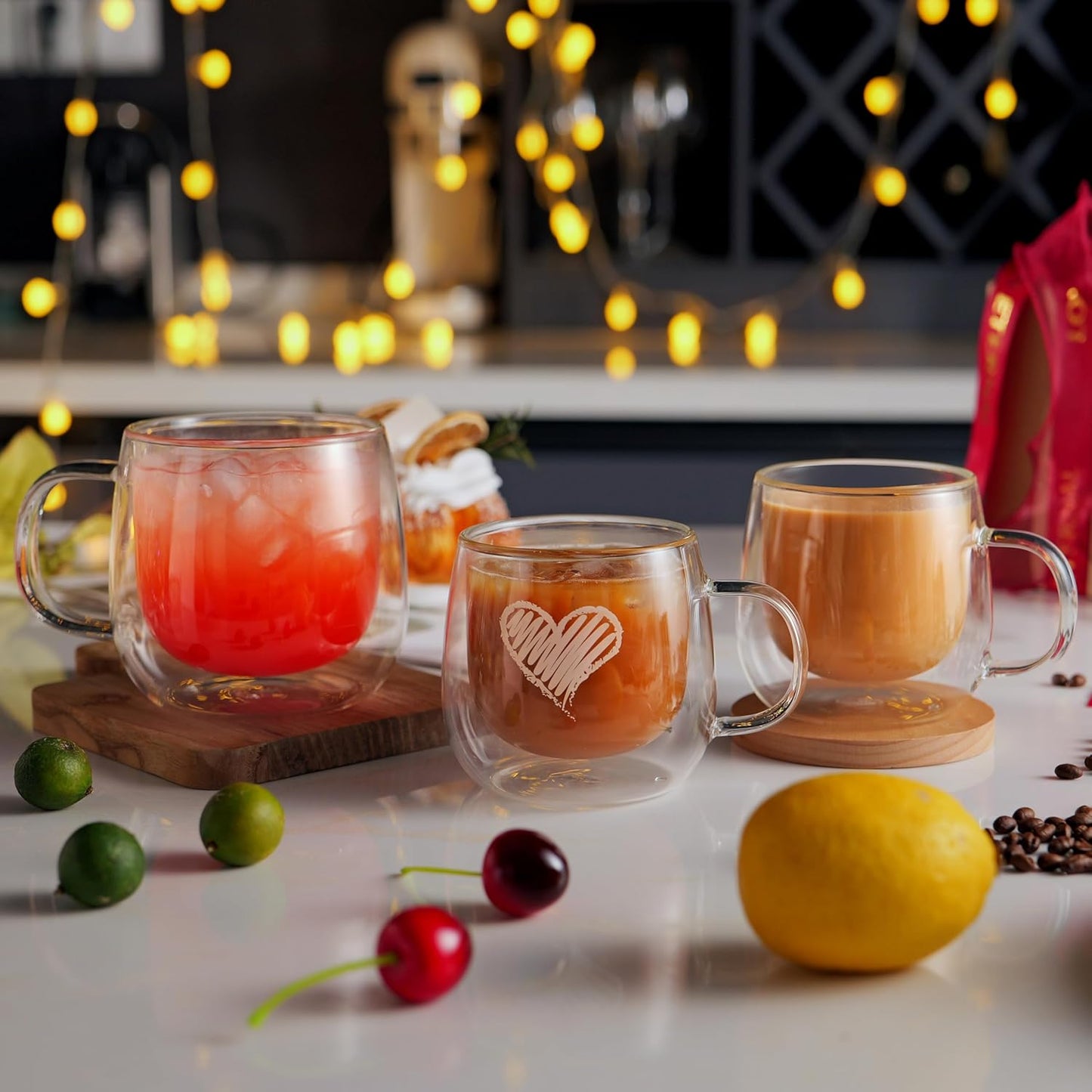 CNGLASS 12oz Double Walled Glass Coffee Mugs(2-pack),Clear Coffee Cups with Handle,Glass Espresso Mugs for Latte,Cappuccino,Tea