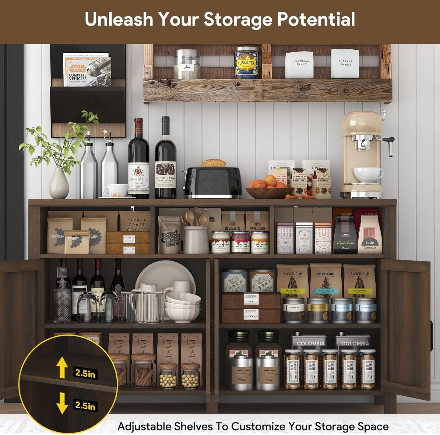 Buffet Sideboard with Storage Farmhouse with 4 Doors, 55'' Large Kitchen Storage Cabinet Wood Coffee Bar Cabinet Buffet Table with Shelves for Kitchen, Dining Room, Entryway (Brown, 55in)