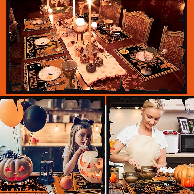 Umigy 6 Pcs Halloween Placemats 12"x18" Gothic Bat Placemats Kitchen Decoration Washable Witch Place Mats Rectangle Skull Table Mats for Halloween Dining Table Accessories(Black Orange Style)