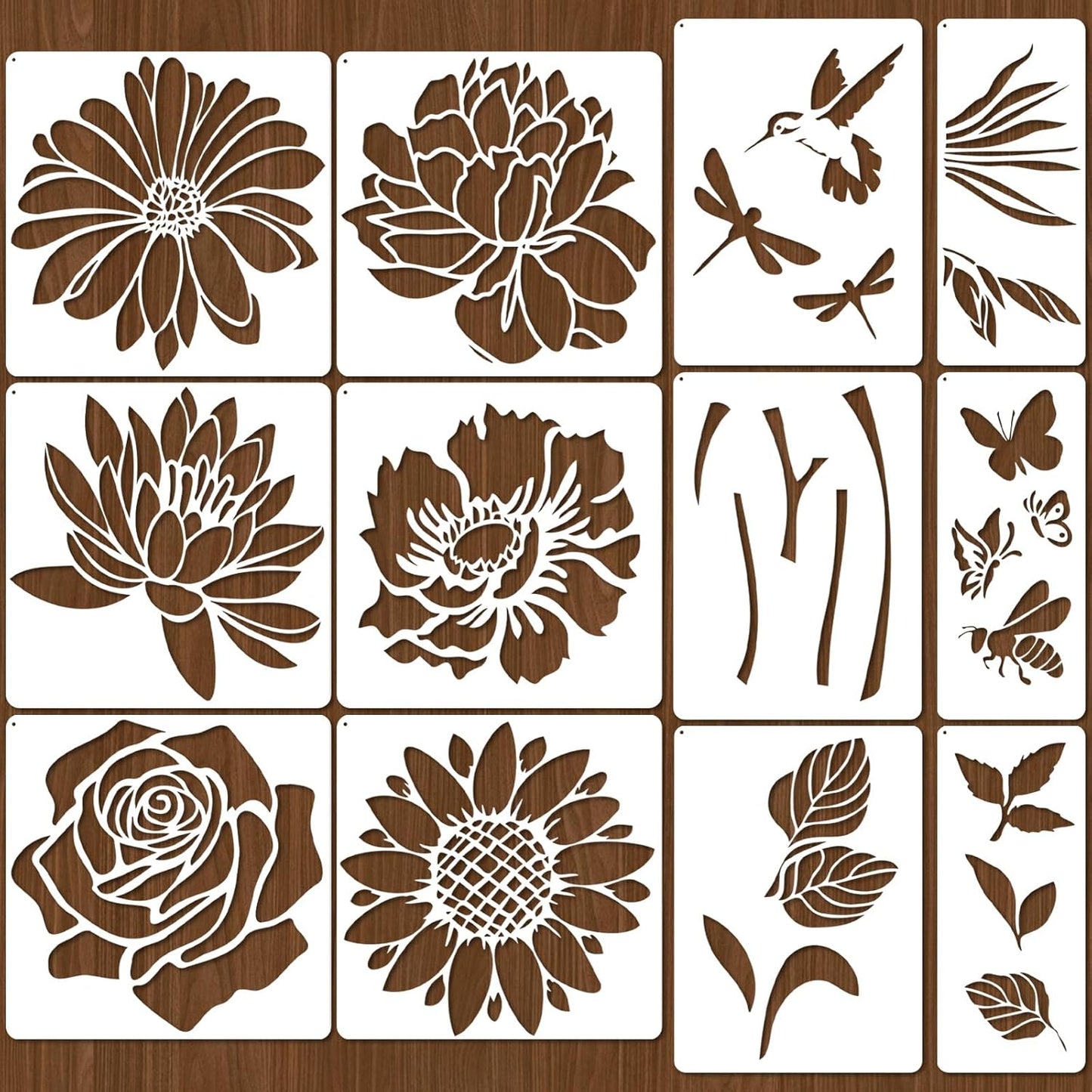 12 PCS Large Flower Painting Stencils, Reusable Sunflower Stencils for Painting on Wood Rocks Canvas Fabric Glass Pottery DIY Painting Art Projects