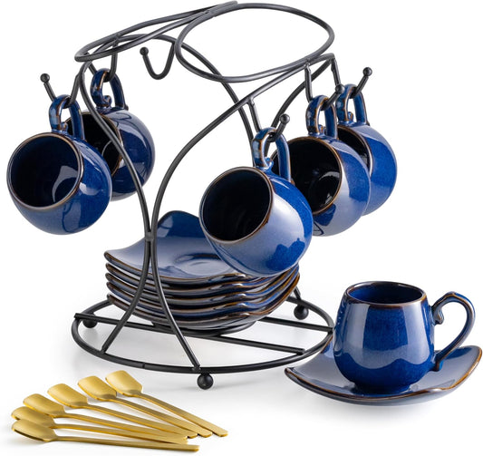 LYEOBOH 3oz Espresso Cups with Saucers, Small Coffee Cups Set of 6 with Spoons and Metal Stand, Ceramic Cute Demitasse Cups for Housewarming Wedding Gift, Cobalt Blue