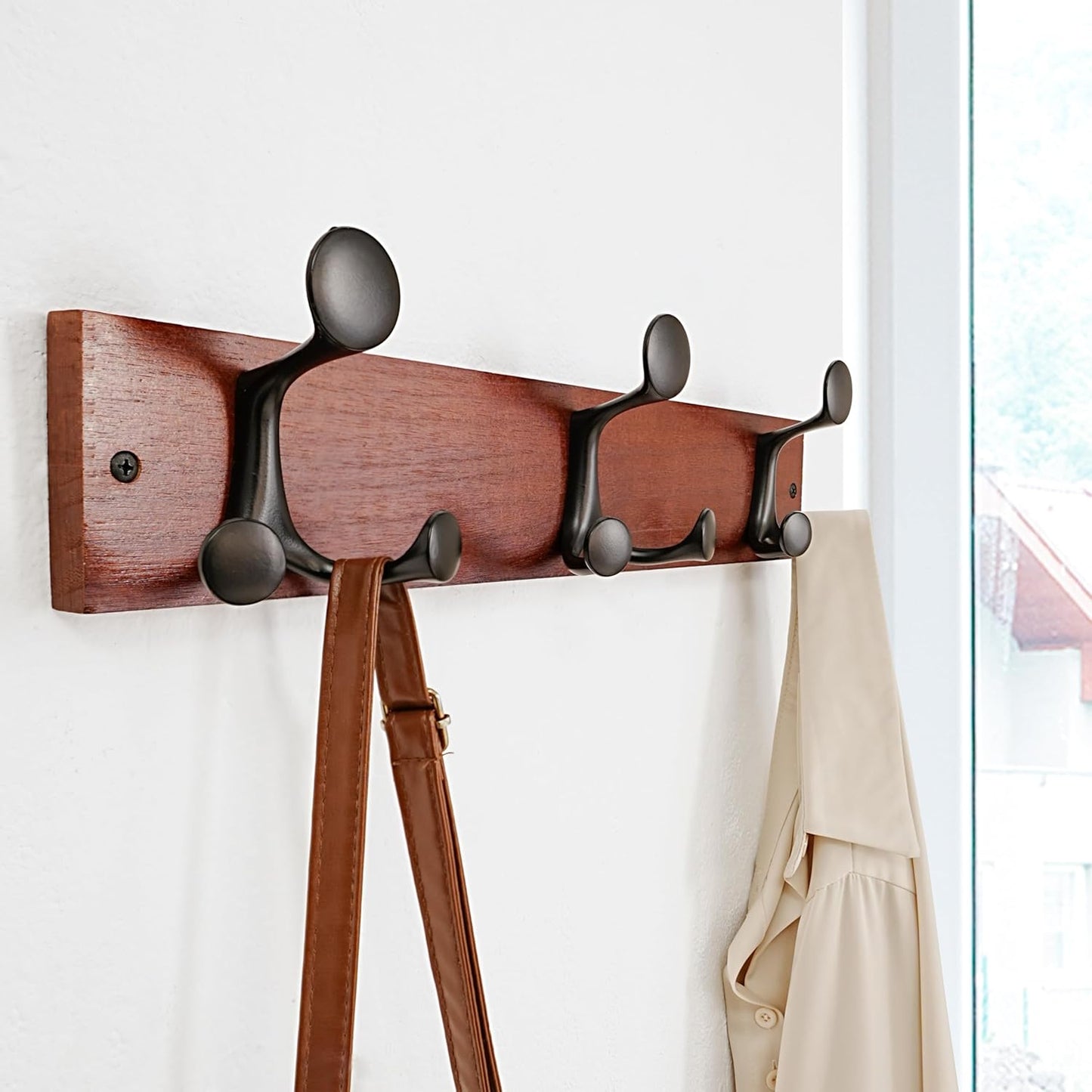 SKOLOO 17-Inch Cherry Wood Coat Rack Wall Mount with 3 Triple Hooks - Ideal for Family Entrances, Classrooms, and Pet Supplies Storage - Perfect Coat Hooks for Wall