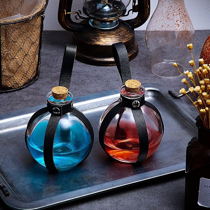 Patelai 2 Pcs Halloween Glass Potion Bottles with Belt Cork Renaissance Witch Costume Accessories Witch Props Potion Bottle for Halloween Party Decor Cosplay DIY Crafts Gift (Black)