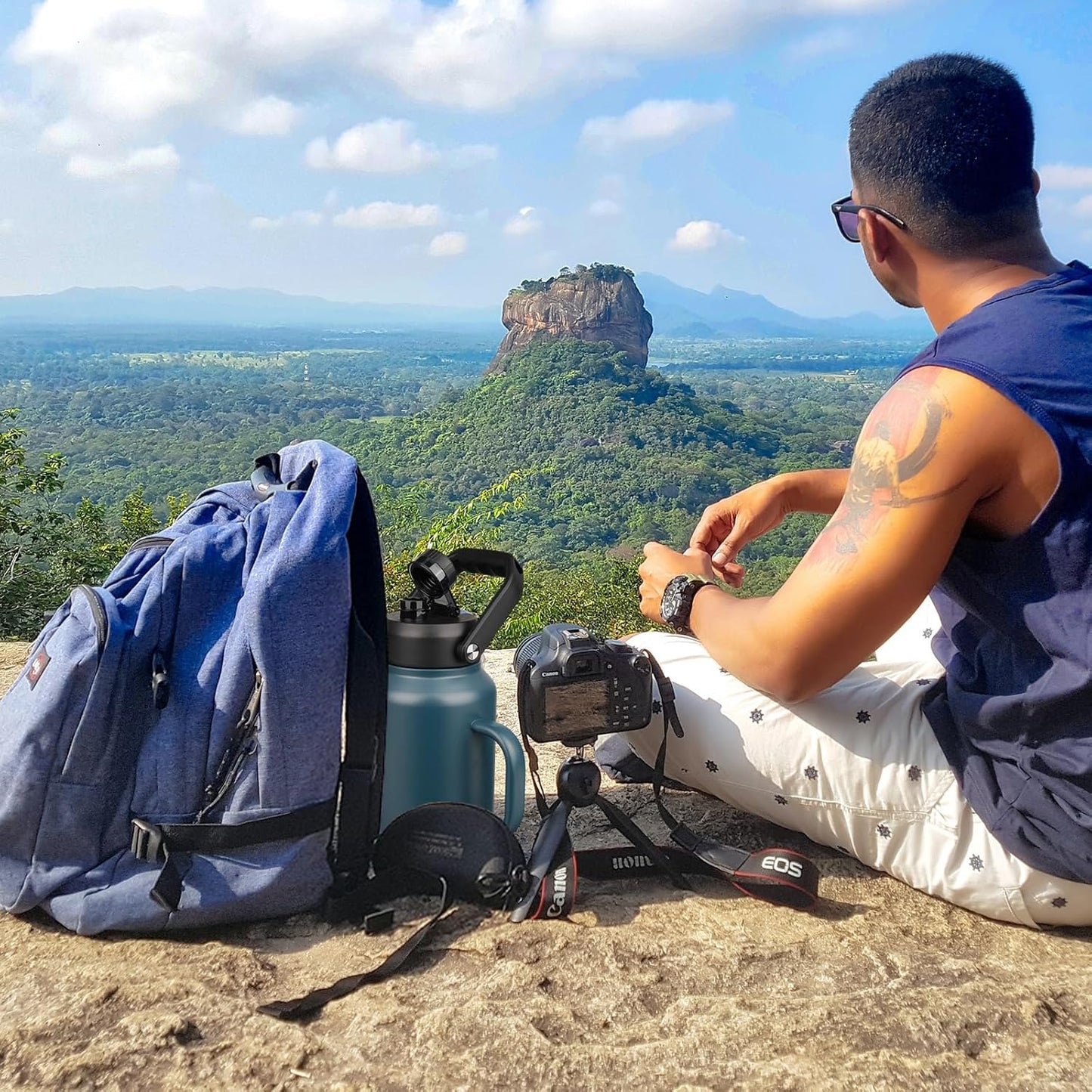 BJPKPK 87oz Insulated Water Bottle with Handle, Large Dishwasher Safe 2/3 Gallon Water Bottle, BPA Free Water Jug, Wide Mouth Metal Water Bottle with Anti-slip Bottom, Keep Cold & Hot,Navy Blue