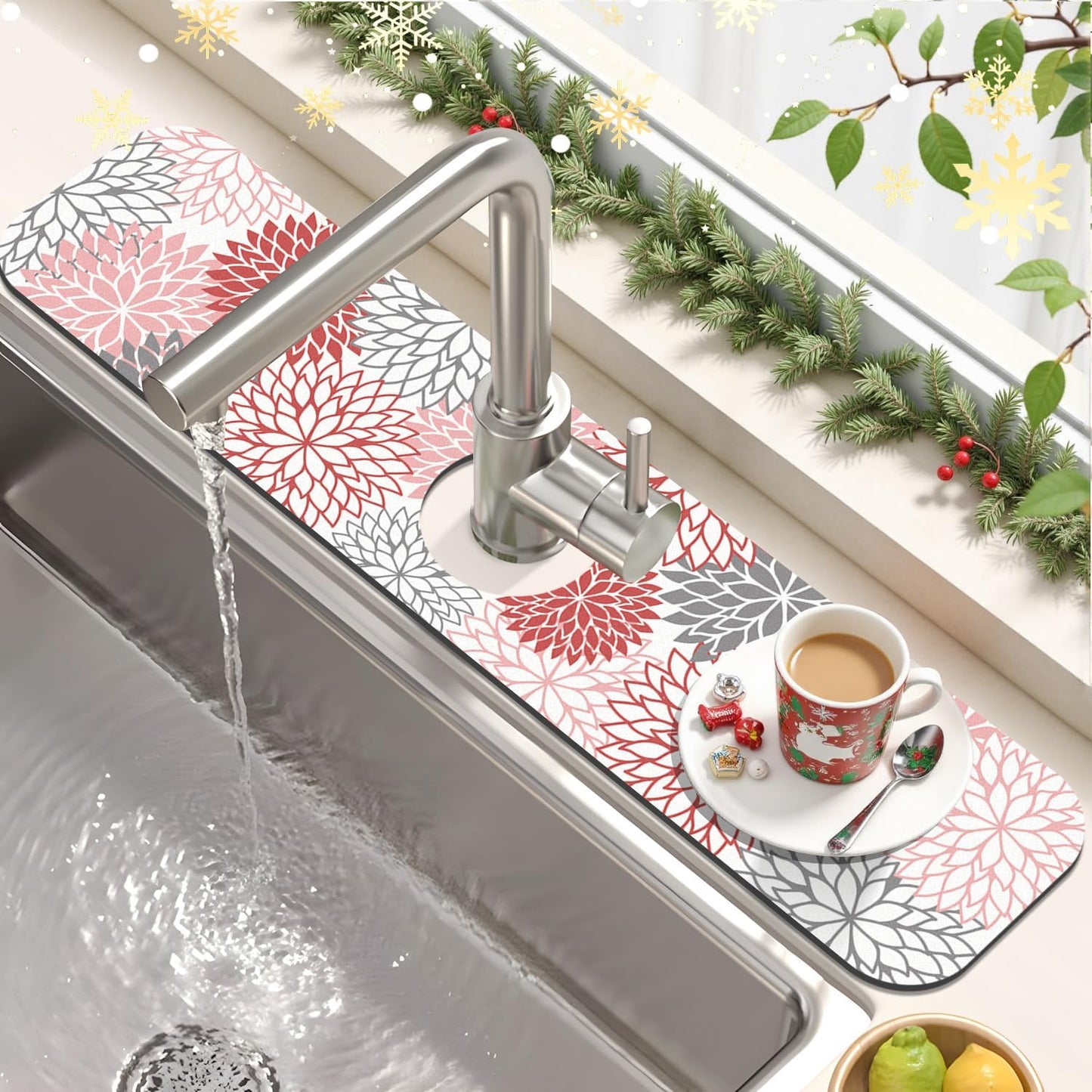 Findosom 2PCS 16" x 24" Christmas Dish Drying Mat & 24" x 5.5" Sink Splash Guard, Super Absorbent & Cuttable Dish Mat Drying Kitchen Mat with Red Floral, Hide Stain Drying Mat for Kitchen Counter