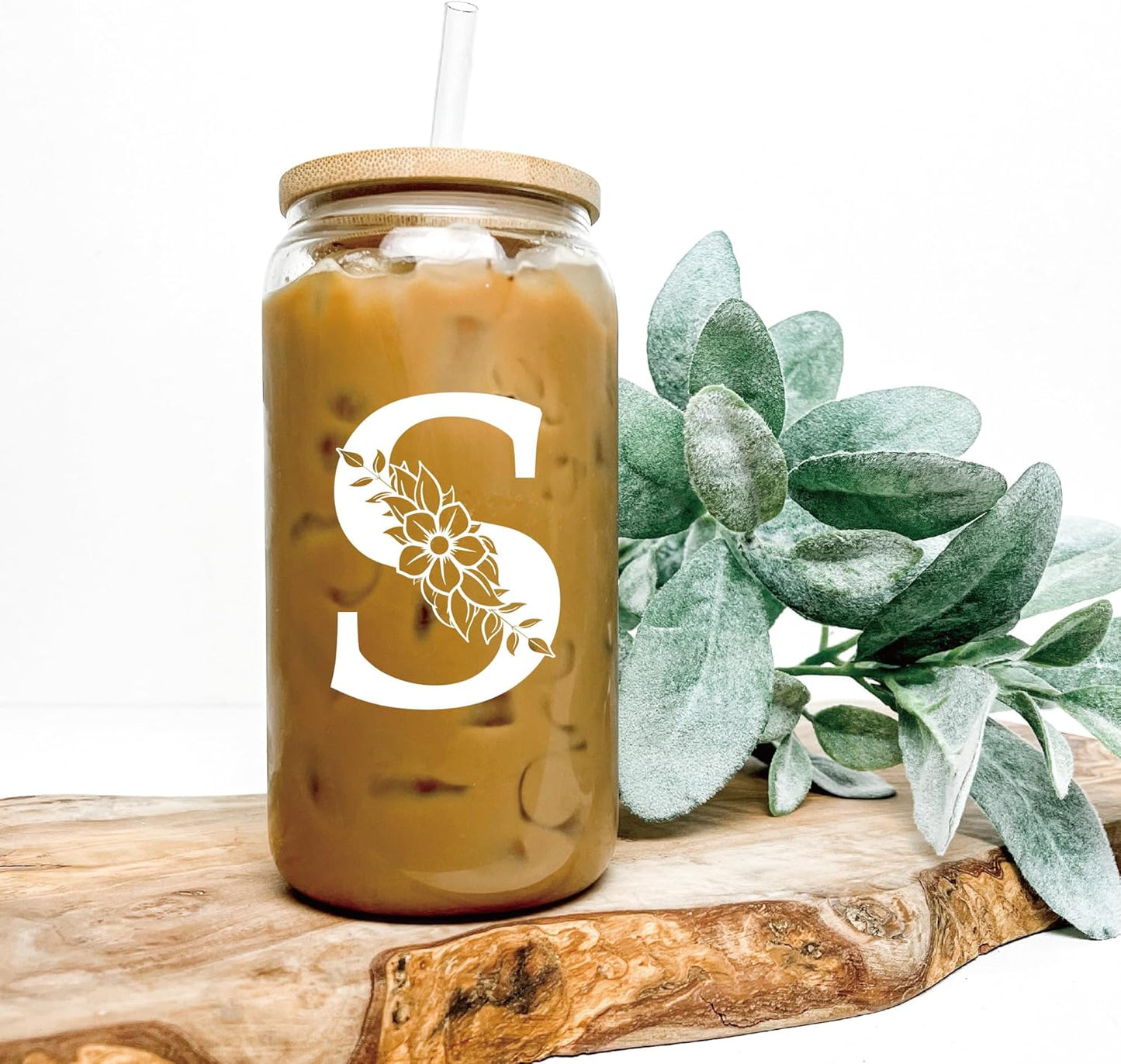 Personalized Gifts for Women, Monogrammed Glass Cups with Lids and Straws, Custom Tumbler, Cute Customized Mug, Aesthetic Stuff, Initial Iced Coffee Cup, Drinking Glasses, Birthday Teacher Gifts, C