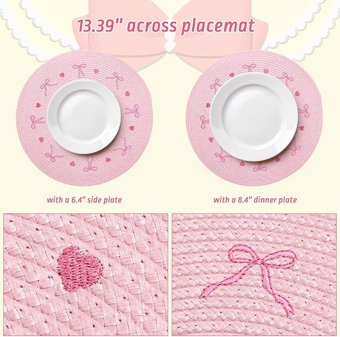 Whaline 4Pcs Round Placemats Pink Bow Embroidered Place Mats Coquette Bow Dinner Table Mats for Home Wedding Baby Shower Birthday Party Decor