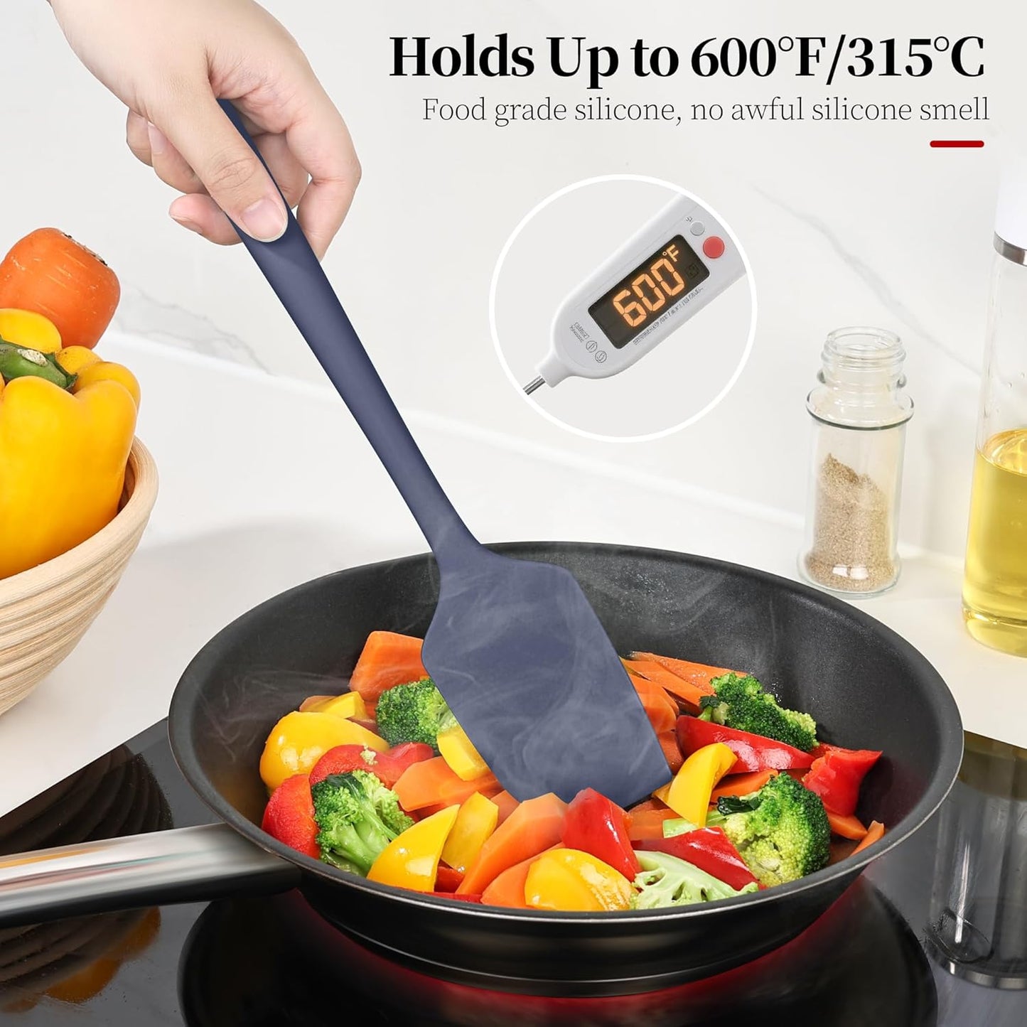 600ºF Heat Resistant Spatula, 11.34 inch High Heat Food Safe Semless Kitchen Silicone Scraper for Cooking Baking Mixing Scraping Stirring Nonstick Cookware Pan Bowl (Midnight Blue)