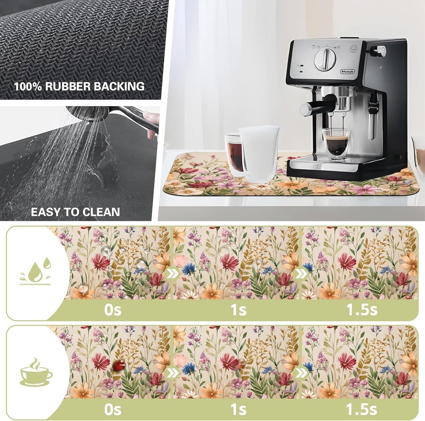 Colorful Wildflowers Dish Drying Mat Meadow Flowers Floral Kitchen Mat 12"x19" Bsorbent Coffee Maker Mat for Dishes,Utensils Coffee Maker Pots and Pans Easy Clean Dish Slip Resistant Pad