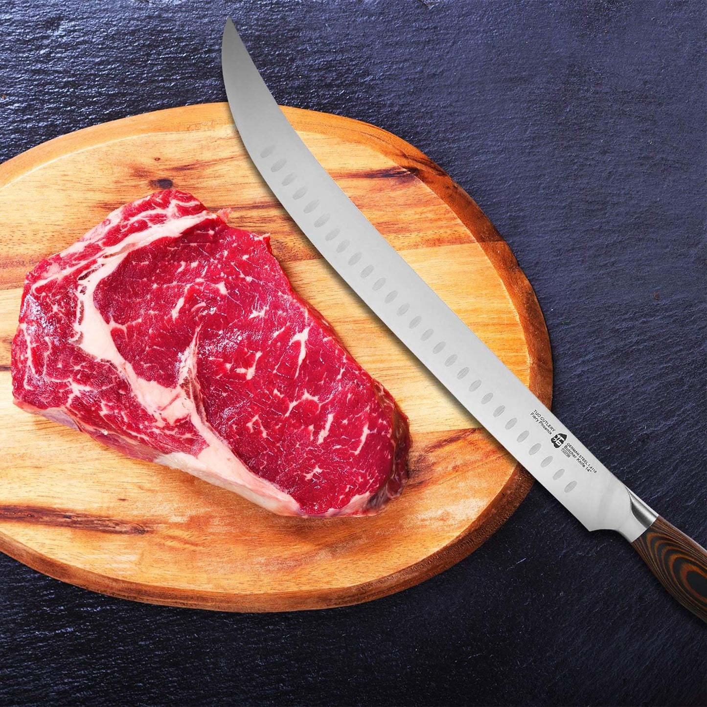 TUO Cimitar Butcher Knife - 14 Inch Butcher's Breaking Knife Long Meat Slicing Knives Pro Curved Slicer Carver - Forged German Steel with Full-Tang Pakkawood Handle - Fiery Series Gift Box Included