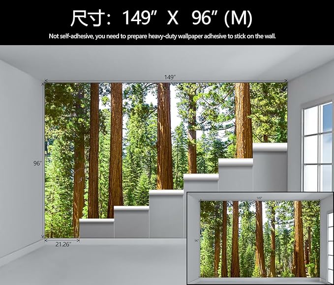 WFBHUA-Redwood Forest Wallpaper Green Woodland Tree Wallpaper for Bedroom Large Art Wall Murals for Living Room Office (Not Peel and Stick)