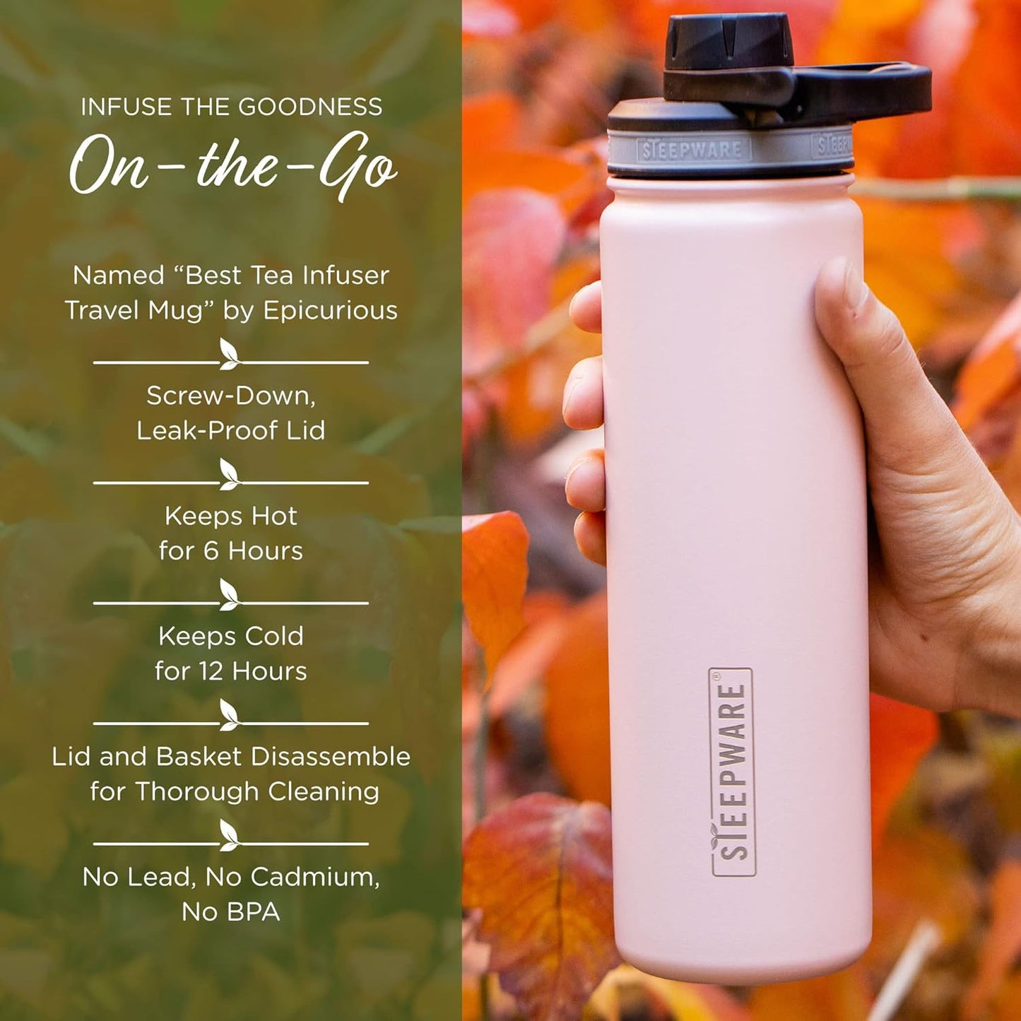 The Tea Spot Steepware Tea Tumbler and Thermos, 22oz, Tea Bottle with tea infuser for loose leaf tea or iced coffee, Sleek Double Wall Tumbler & Insulated Travel Bottle - Teal