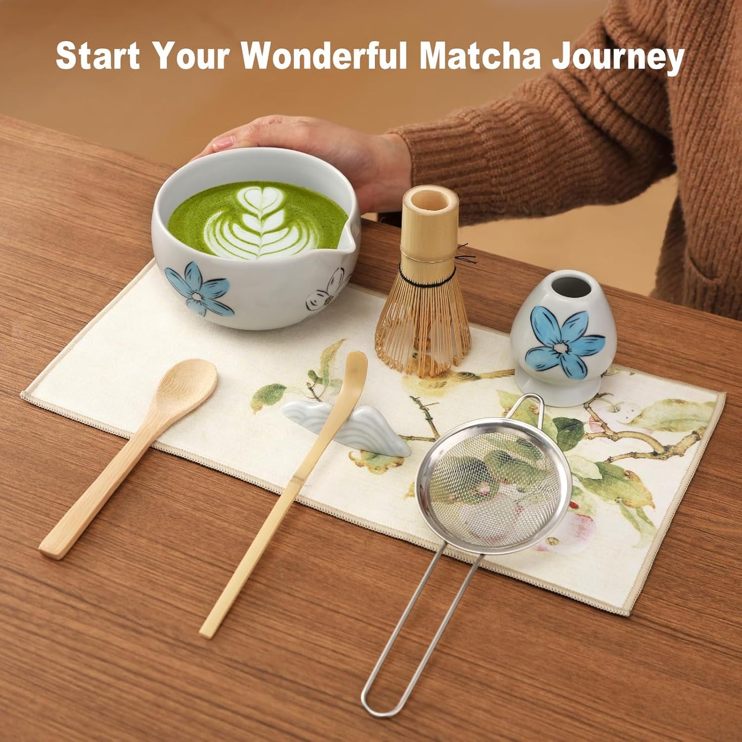 Matcha Whisk Set Cute,8pcs Matcha Set Whisk And Bowl,Matcha Kit Set With Bamboo Whisk,Ceramic Matcha Bowl,Sifter,Scoop,Holder,Towel,Stand,Spoon,Unique Gift for Japanese Matcha Tea Lover