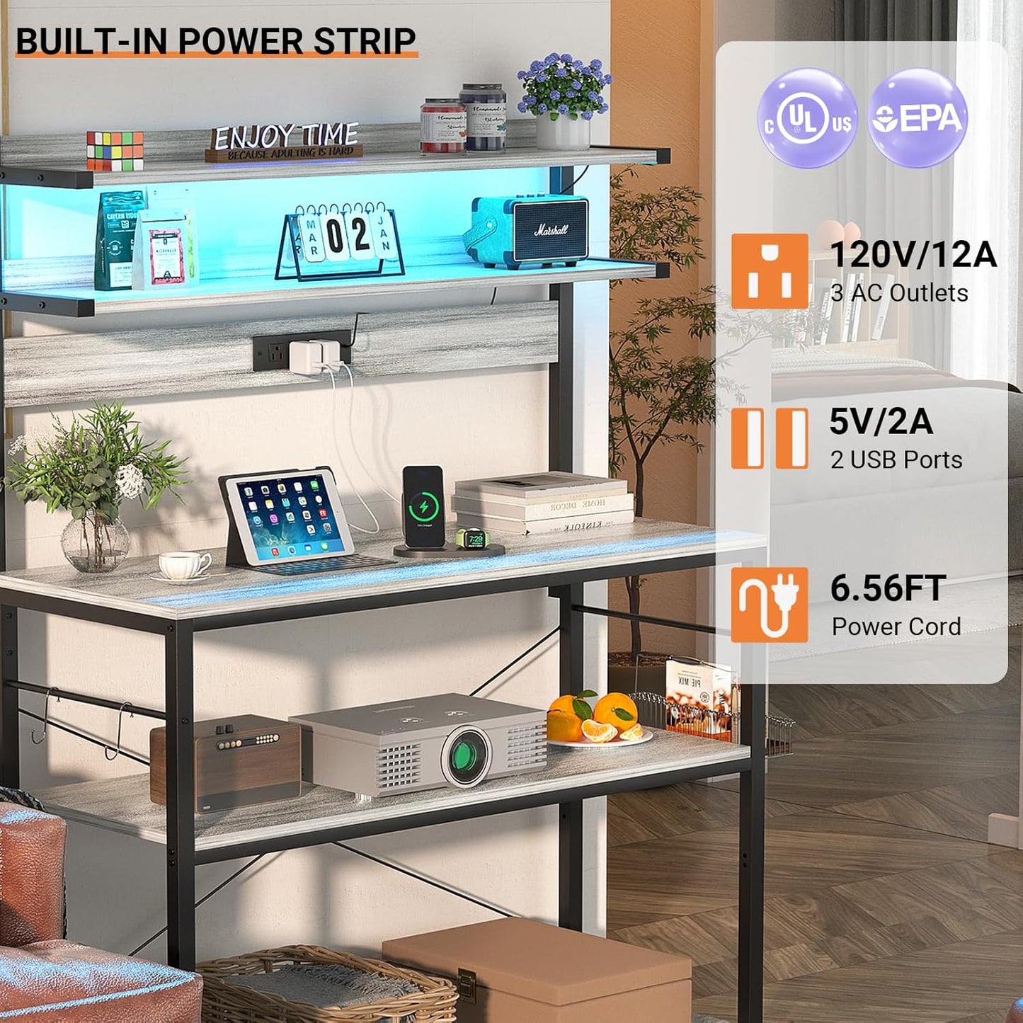 Aheaplus Bakers Rack with Power Outlet, Microwave Stand, 5 Tiers Coffee Bar Station with Led Lights, Kitchen Storage Shelf with 6 S-Shaped Hooks, Kitchen Rack Coffee Bar Stand, White Oak