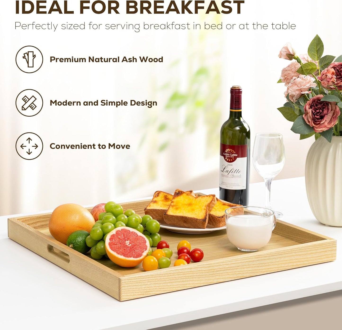 Axeman 20 Inch Large Square Wooden Ottoman Tray for Living Room|Extra Large Serving Tray with Handles for Coffee Table, Breakfast|Decorative Wood Tray for Ottoman Couch Sofa Kitchen|Natural