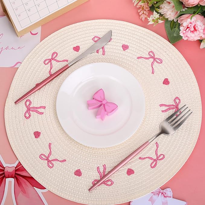 Whaline 4Pcs Round Placemats White Pink Bow Embroidered Place Mats Coquette Bowknot Heart Dinner Table Mats for Home Wedding Baby Shower Birthday Party Decor