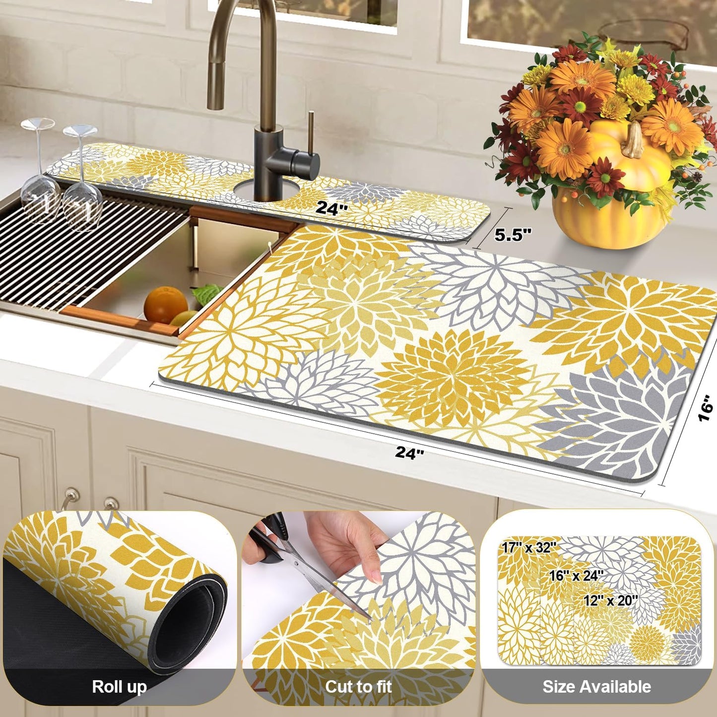 Findosom 2PCS 16" x 24" Fall Dish Drying Mat & 24" x 5.5" Sink Splash Guard, Super Absorbent & Cuttable Dish Mat Drying Kitchen Mat with Yellow Floral, Hide Stain Drying Mat for Kitchen Counter