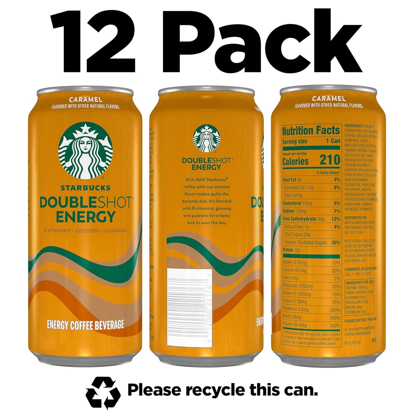 Starbucks Doubleshot Energy Drink Coffee Beverage, Caramel, Iced Coffee, 15 fl oz Cans (Packaging May Vary) (Pack of 12)