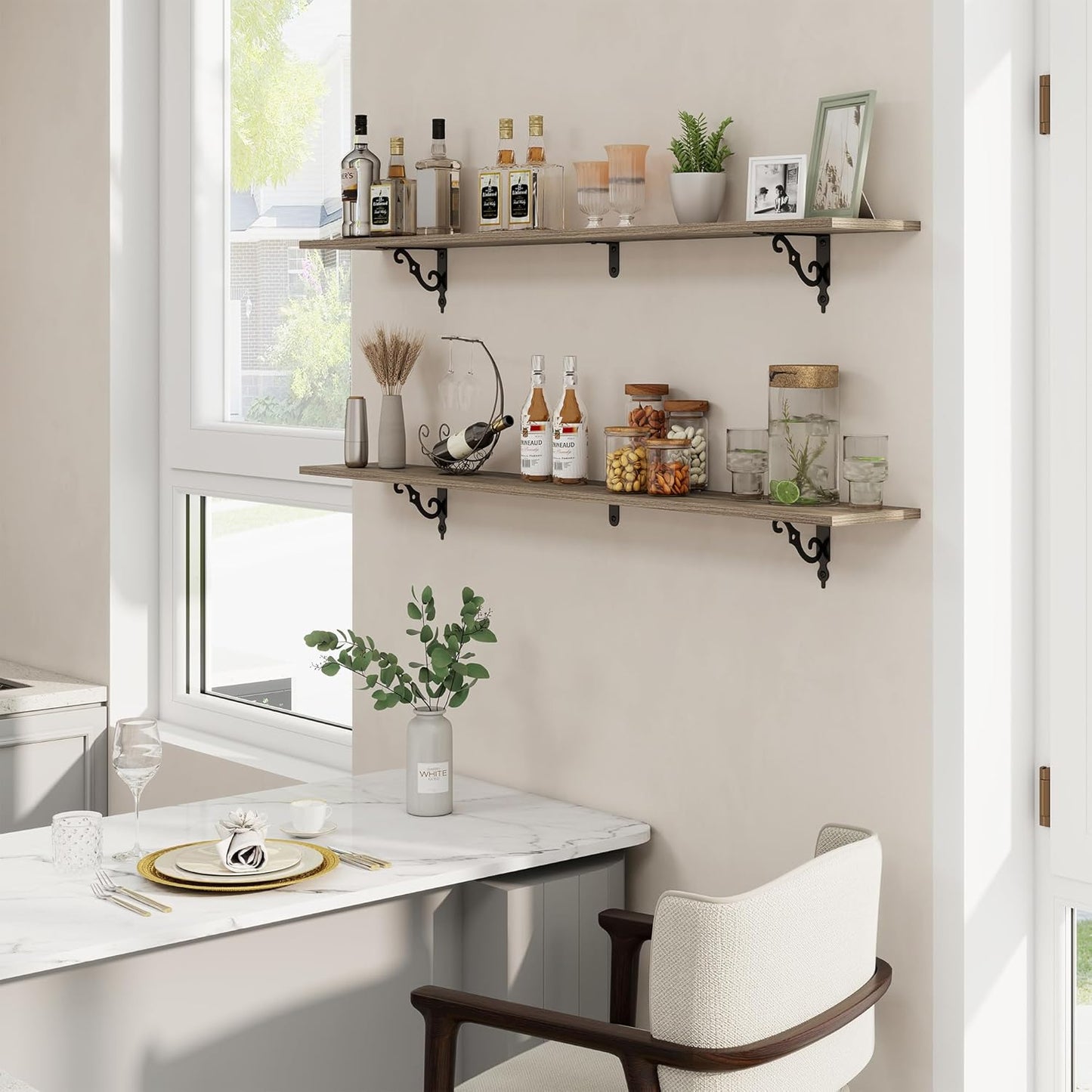 RICHFOCUS Floating Shelves for Wall Decor, 55.1W x 8D Shelves Set of 2, 8 Inch Deep Rustic Wood Shelves Wall Mounted with Brackets, Long Floating Shelves for Living Room Bedroom Kitchen, Grey