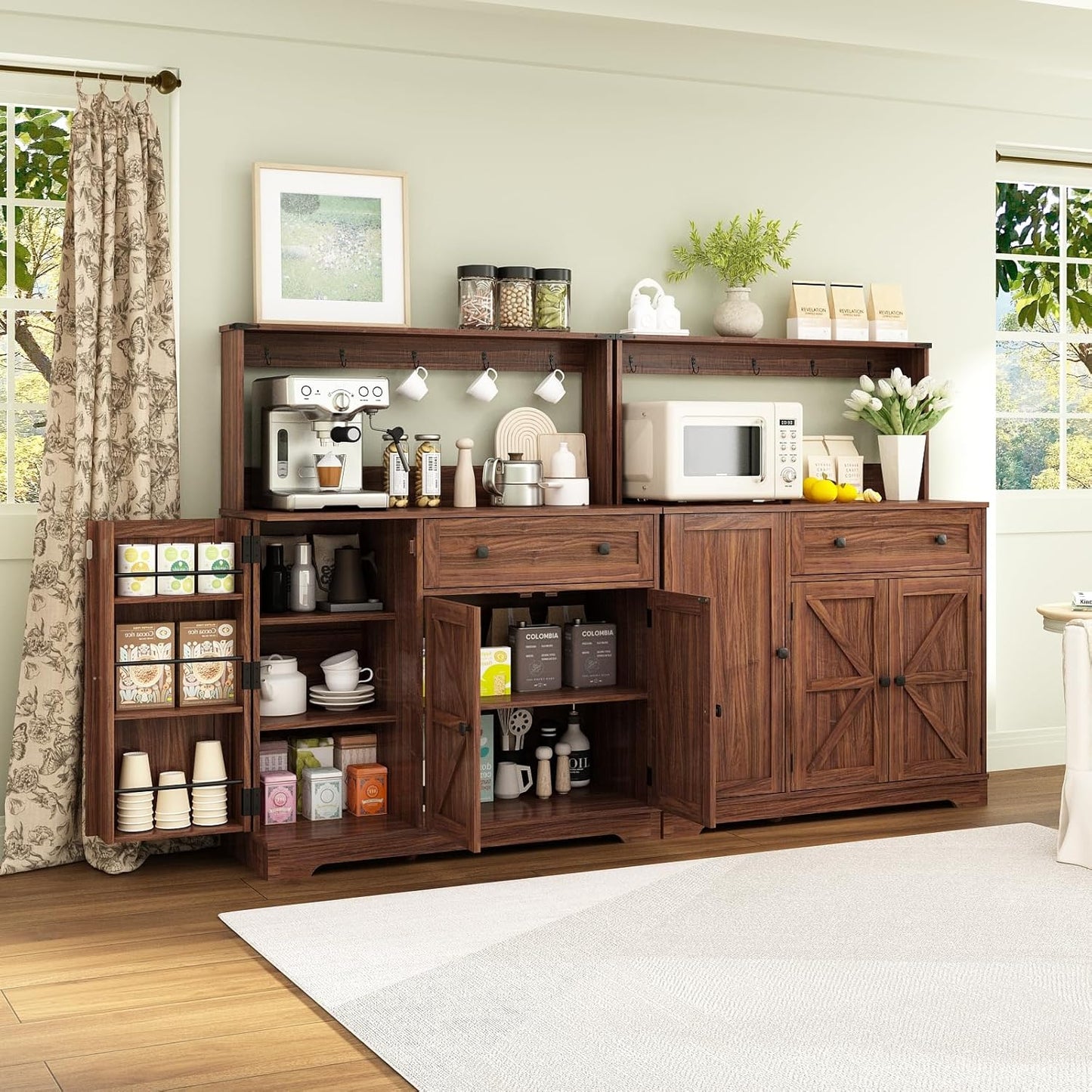 Wnutress Farmhouse Coffee Bar Cabinet with Drawer, 39" Kitchen Hutch Sideboard Buffet Cabinet with Charging Station and Adjustable Shelves, Coffee Bar Storage Table for Living Room, Dining Room, Brown