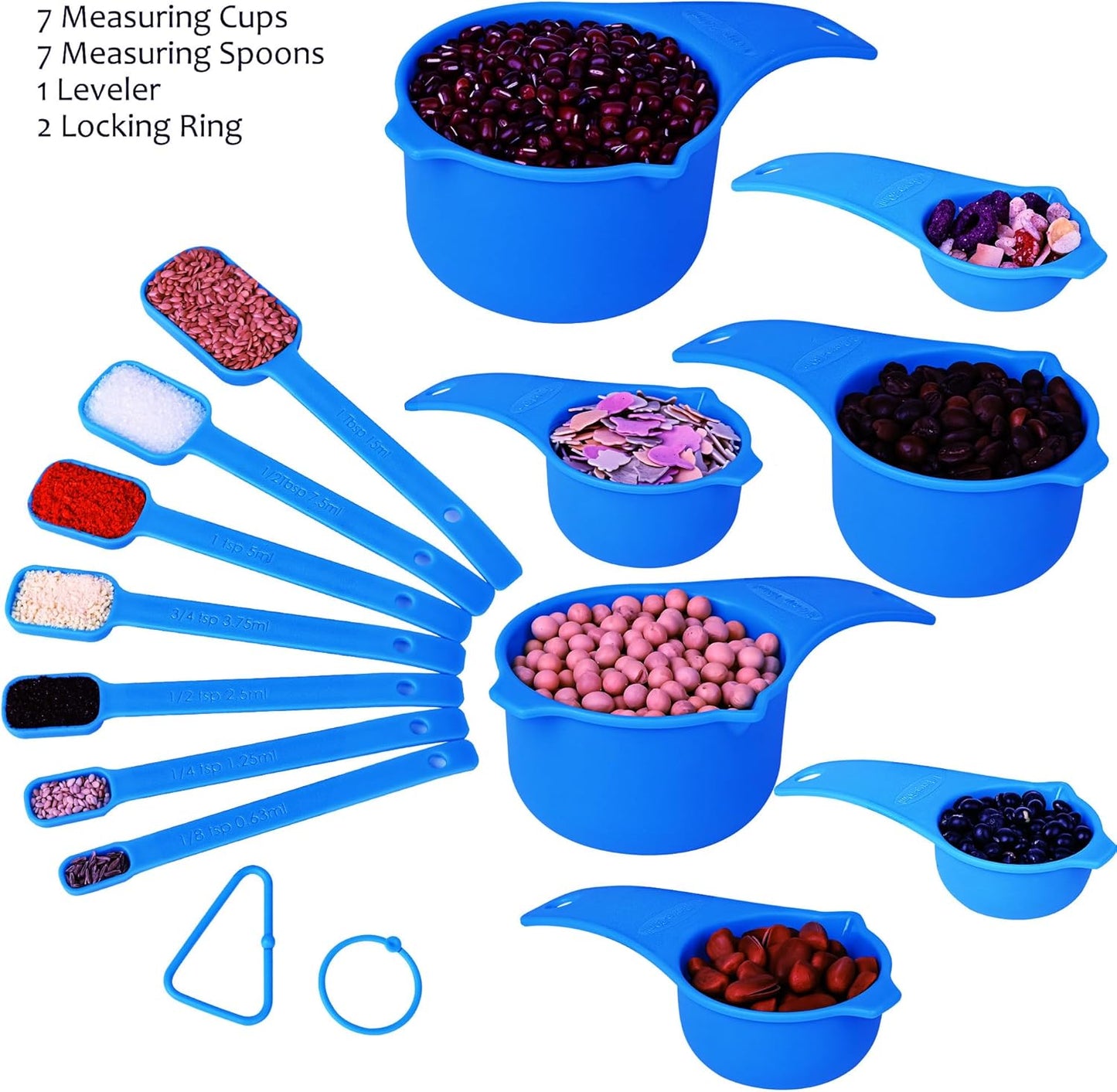 Blue Measuring Cups and Spoons Set 15, 7 Plastic Measuring Cup Set, 7 Spice Long Handle Measuring Spoons with 1 Leveler for Kitchen and Baking, Dry Metric Measure Cups & Spoons Set