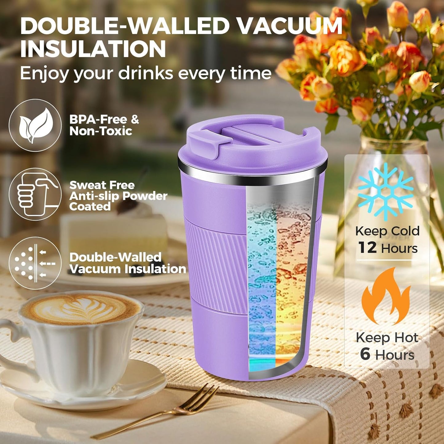 Volhoply 13 oz Stainless Steel Insulated Travel Coffee Mug with Fip Lid Bulk 8 Pack,Reusable Double Wall Vacuum Metal Coffee Cup,Portable Leak Proof Thermal Tumbler for Hot & Cold Drinks(Purple,8)