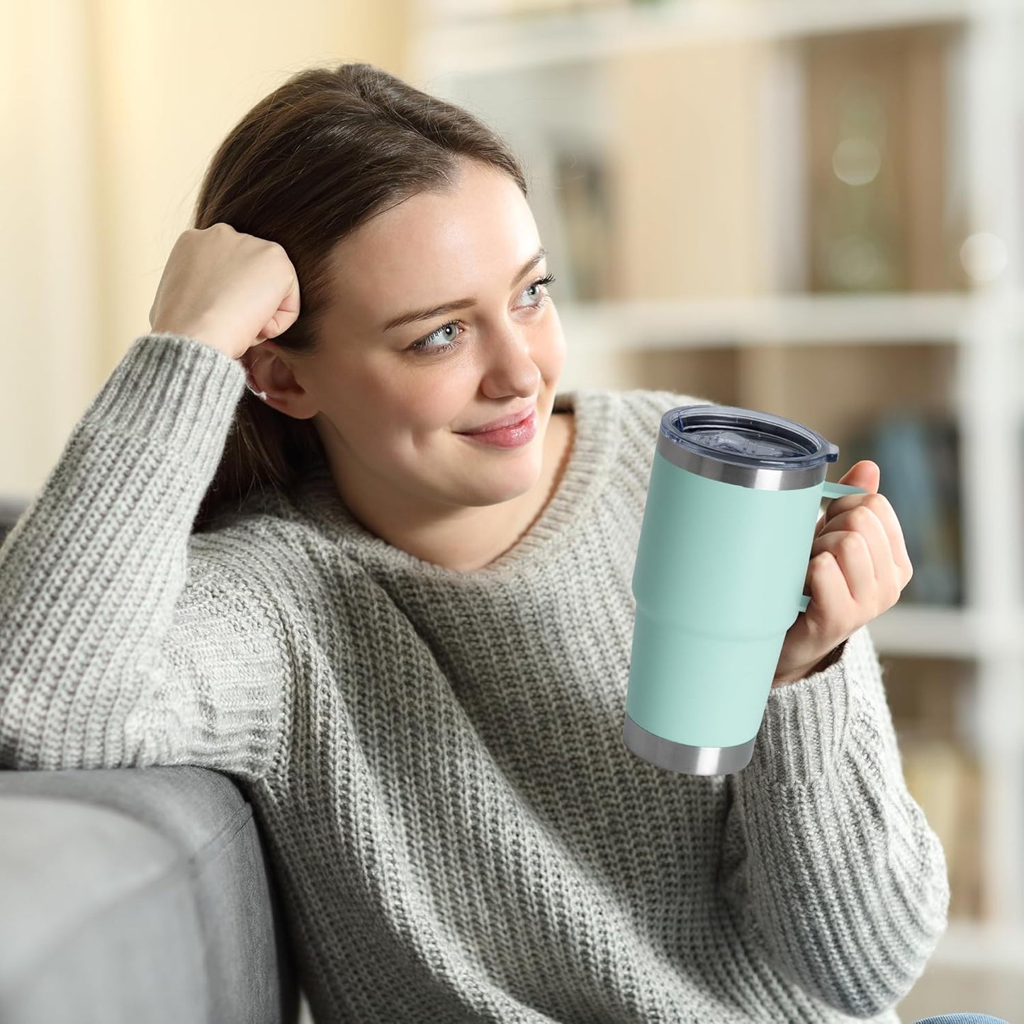 HASLE OUTFITTERS 20oz Tumbler Bulk with Lid, Stainless Steel Tumbler Bulk with Handle, Metal Insulated Travel Coffee Mug Set with Handle, Double Wall Vacuum Leak Proof Tumbler Cup, Mint Green 6 Pack