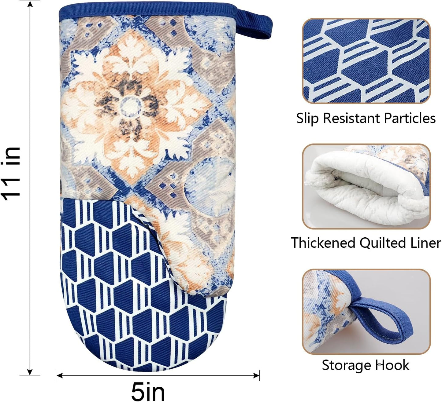 Thumb Oven Mitts, Heat and Slip Resistant Silicone Kitchen Mittens 2-Pack Set, Vintage Carpet Flower Soft Long Oven Gloves, Flexible Potholders for Safe Baking Cooking & Grilling (Dusty Blue)