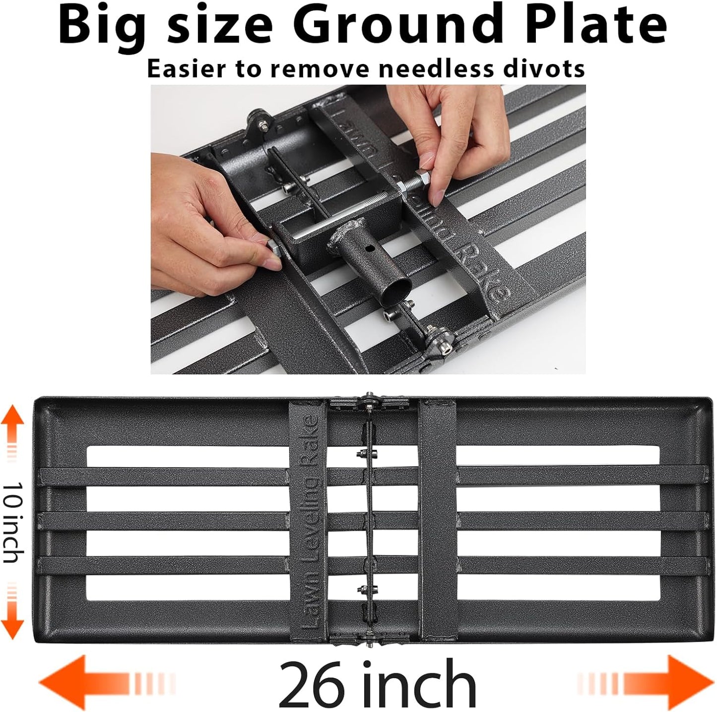 Lawn Leveling Rake, Heavy Duty Levelawn Tool for Garden Level Soil or Dirt Ground Surfaces Easily, 26” x 10” Ground Plate, Steel Handle Length is 65 inch