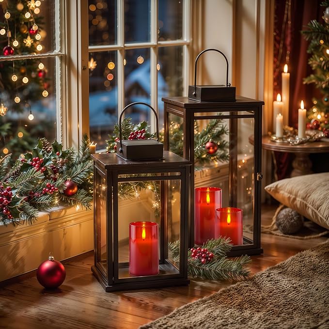 Homemory Red Glass Flameless Candles, Battery Operated LED Pillar Candles with Remote Control and Timer, Radiance Candles, Real Wax, Set of 3,D3 xH4 5" 6"