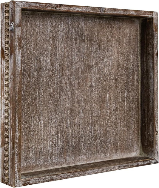 Wooden Decorative Tray, Small Serving Tray with Wood Bead, Farmhouse Big Tray for Ottoman, Countertop, Coffee Tabl, 13" x 13"x 1.6" (Retro Brown)